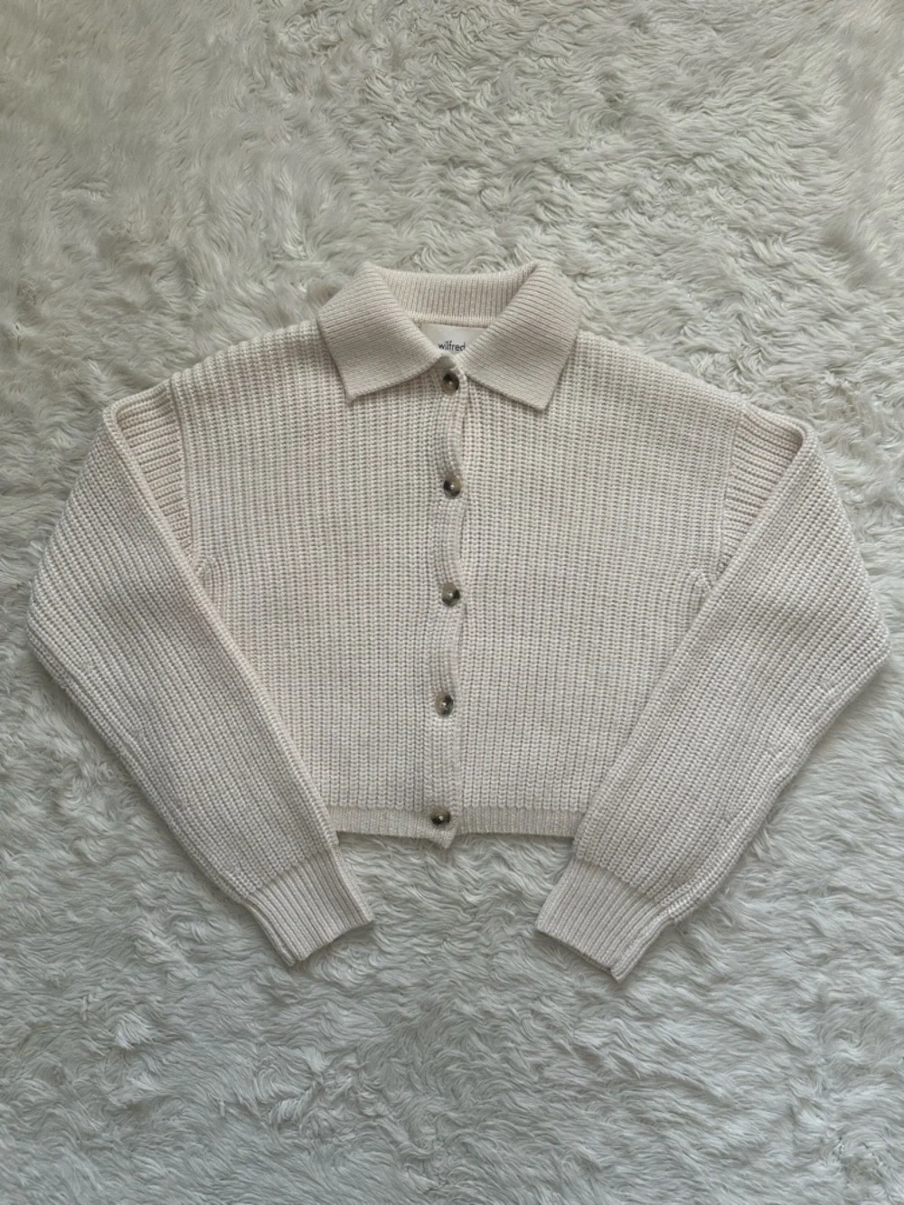 Aritzia Wilfred Nextdoor Sweater Collared 100% Merino Wool Cardigan Cream Sz S - Picture 2 of 12